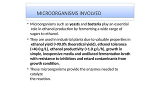 MICROORGANISMS INVOLVED
• Microorganisms such as yeasts and bacteria play an essential
role in ethanol production by fermenting a wide range of
sugars to ethanol.
• They are used in industrial plants due to valuable properties in
ethanol yield (>90.0% theoretical yield), ethanol tolerance
(>40.0 g/L), ethanol productivity (>1.0 g/L/h), growth in
simple, inexpensive media and undiluted fermentation broth
with resistance to inhibitors and retard contaminants from
growth condition.
• These microorganisms provide the enzymes needed to
catalyze
the reaction.
 