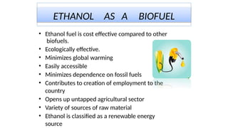 ETHANOL AS A BIOFUEL
• Ethanol fuel is cost effective compared to other
biofuels.
• Ecologically effective.
• Minimizes global warming
• Easily accessible
• Minimizes dependence on fossil fuels
• Contributes to creation of employment to the
country
• Opens up untapped agricultural sector
• Variety of sources of raw material
• Ethanol is classified as a renewable energy
source
 