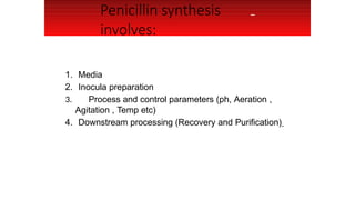 Penicillin synthesis
involves:
1. Media
2. Inocula preparation
3. Process and control parameters (ph, Aeration ,
Agitation , Temp etc)
4. Downstream processing (Recovery and Purification)
 