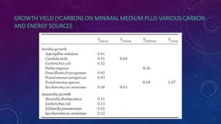 GROWTH YIELD (YCARBON) ON MINIMAL MEDIUM PLUS VARIOUS CARBON
AND ENERGY SOURCES
 