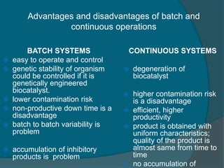Advantages and disadvantages of batch and
continuous operations
BATCH SYSTEMS
 easy to operate and control
 genetic stab...