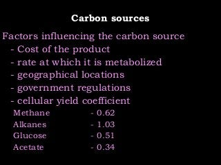Carbon sources
Factors influencing the carbon source
- Cost of the product
- rate at which it is metabolized
- geographical locations
- government regulations
- cellular yield coefficient
Methane - 0.62
Alkanes - 1.03
Glucose - 0.51
Acetate - 0.34
 
