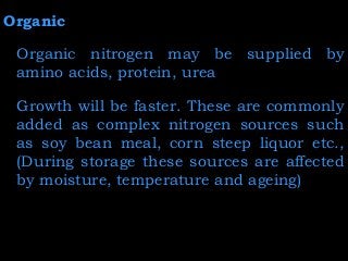 Organic
Organic nitrogen may be supplied by
amino acids, protein, urea
Growth will be faster. These are commonly
added as complex nitrogen sources such
as soy bean meal, corn steep liquor etc.,
(During storage these sources are affected
by moisture, temperature and ageing)
 