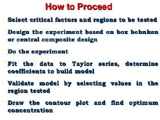 How to ProceedHow to Proceed
 Select critical factors and regions to be testedSelect critical factors and regions to be tested
 Design the experiment based on box behnkenDesign the experiment based on box behnken
or central composite designor central composite design
 Do the experimentDo the experiment
 Fit the data to Taylor series, determineFit the data to Taylor series, determine
coefficients to build modelcoefficients to build model
 Validate model by selecting values in theValidate model by selecting values in the
region testedregion tested
 Draw the contour plot and find optimumDraw the contour plot and find optimum
concentrationconcentration
 