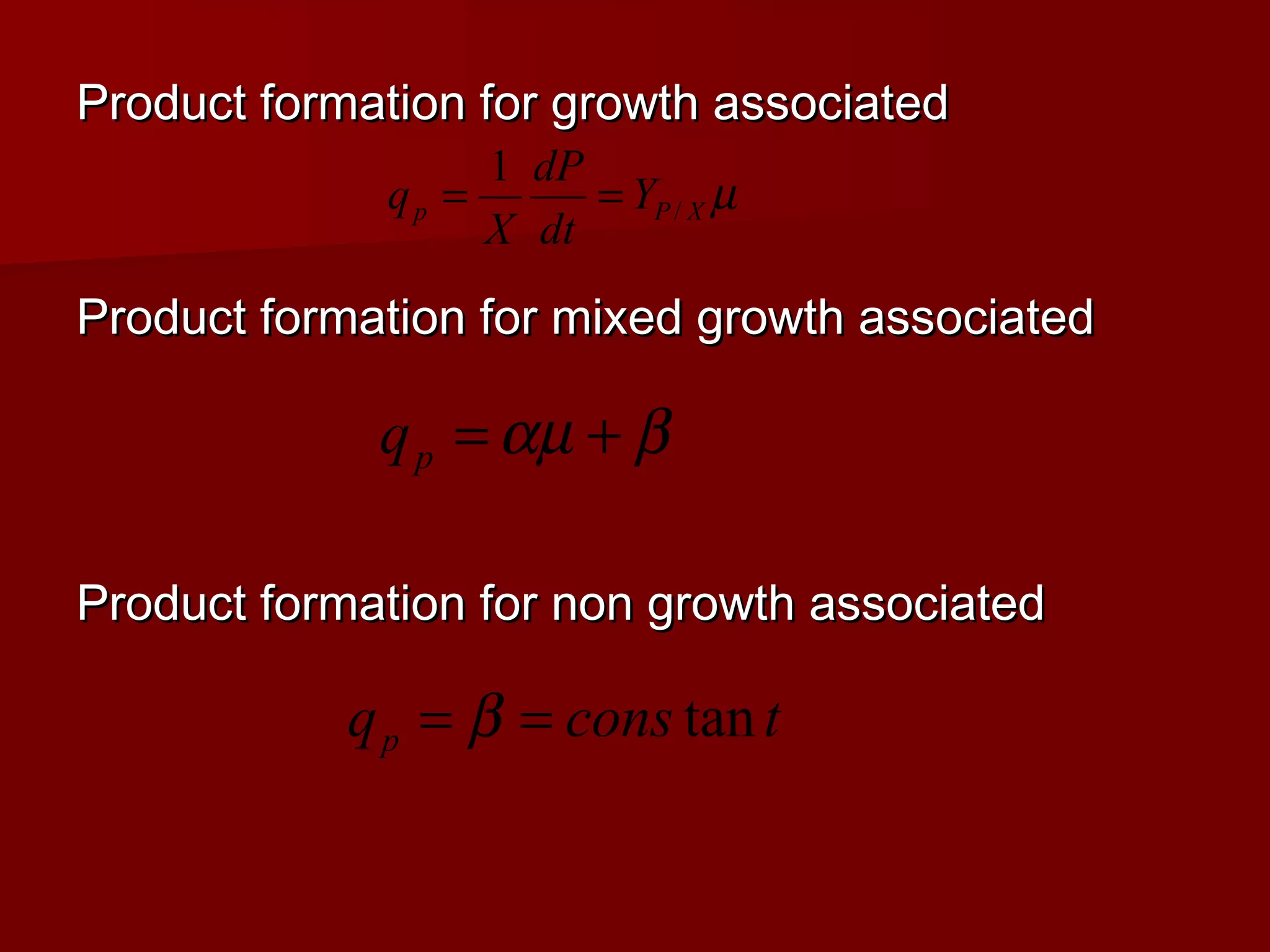 Product formation for growth associatedProduct formation for growth associated
Product formation for mixed growth associatedProduct formation for mixed growth associated
Product formation for non growth associatedProduct formation for non growth associated
µXPp Y
dt
dP
X
q /
1
==
tconsqp tan== β
βαµ +=pq
 