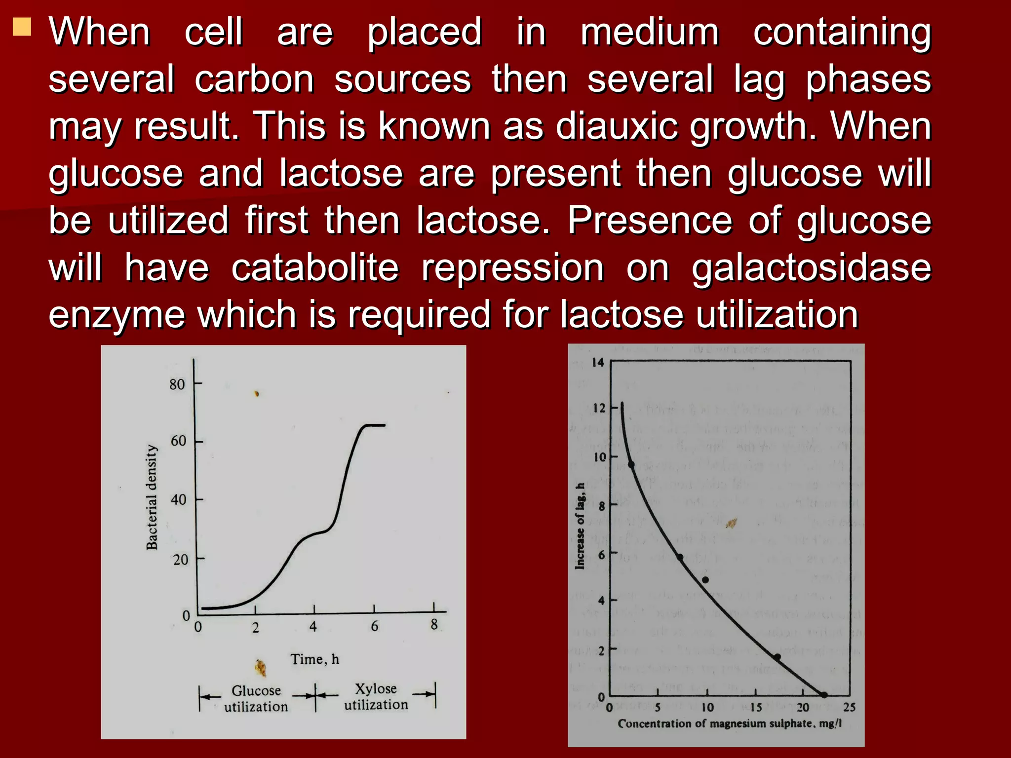  When cell are placed in medium containingWhen cell are placed in medium containing
several carbon sources then several lag phasesseveral carbon sources then several lag phases
may result. This is known as diauxic growth. Whenmay result. This is known as diauxic growth. When
glucose and lactose are present then glucose willglucose and lactose are present then glucose will
be utilized first then lactose. Presence of glucosebe utilized first then lactose. Presence of glucose
will have catabolite repression on galactosidasewill have catabolite repression on galactosidase
enzyme which is required for lactose utilizationenzyme which is required for lactose utilization
 