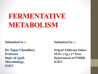 FERMENTATIVE
METABOLISM
Submitted to :-
Dr. Tapas Choudhary
Professor
Dept. of Agril.
Microbiology,
IGKV
Submitted by :-
Sripati Abhiram Sahoo
M.Sc. (Ag.) 1st Year,
Department of PMBB
IGKV
 