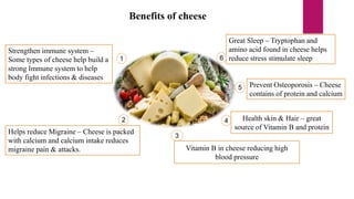 Strengthen immune system –
Some types of cheese help build a
strong Immune system to help
body fight infections & diseases
1
2
6
5
4
3
Helps reduce Migraine – Cheese is packed
with calcium and calcium intake reduces
migraine pain & attacks.
Great Sleep – Tryptophan and
amino acid found in cheese helps
reduce stress stimulate sleep
Prevent Osteoporosis – Cheese
contains of protein and calcium
Benefits of cheese
Health skin & Hair – great
source of Vitamin B and protein
Vitamin B in cheese reducing high
blood pressure
 