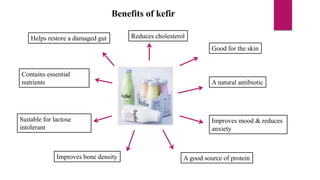 Benefits of kefir
Helps restore a damaged gut Reduces cholesterol
Good for the skin
A natural antibiotic
Contains essential
nutrients
Suitable for lactose
intolerant
Improves bone density
Improves mood & reduces
anxiety
A good source of protein
 