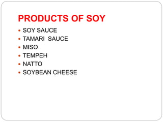 PRODUCTS OF SOY
 SOY SAUCE
 TAMARI SAUCE
 MISO
 TEMPEH
 NATTO
 SOYBEAN CHEESE
 