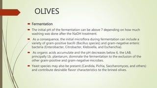 OLIVES
 Fermentation
 The initial pH of the fermentation can be above 7 depending on how much
washing was done after the NaOH treatment.
 As a consequence, the initial microflora during fermentation can include a
variety of gram-positive bacilli (Bacillus species) and gram-negative enteric
bacteria (Enterobacter, Citrobacter, Klebsiella, and Escherichia).
 As organic acids accumulate and the pH decreases below 6, the LAB,
principally Lb. plantarum, dominate the fermentation to the exclusion of the
other gram-positive and gram-negative microbes.
 Yeast species may also be present (Candida, Pichia, Saccharomyces, and others)
and contribute desirable flavor characteristics to the brined olives.
 