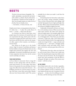 BEETS
The beet is the most intense of vegetables. The
radish, admittedly, is more feverish, but the fire
of the radish is a cold fire, the fire of discontent,
not of passion. Tomatoes are lusty enough, yet
there runs through tomatoes an undercurrent of
frivolity. Beets are deadly serious.
— TOM ROBBINS, JITTERBUG PERFUME, 1984
People seem to have a strong opinion about beets.
It’s either love — “I adore the earthy flavor of
beets” — or hate — “Beets taste like dirt.”
In a ferment, love them or hate them, most
people expect the sweetness of roasted beets and
are surprised by the tang, which comes with the
conversion of sugars into lactic acid. Even so, most
beet lovers still feel the love, and even the naysay-
ers often, again to their surprise, can develop a
taste for them.
One thing we all agree on is the health
claims. High in vitamin C and folate and famous
for their ability to cleanse the blood, beets are also
loaded with minerals that support the liver and
gallbladder. Fermented, shredded beets also seem
to have properties that lower the risk for certain
cancers and help cure others.
YOUR RAW MATERIAL
As far as flavor is concerned, there’s a huge dif-
ference in how spring beets and the overwin-
tered roots ferment. It’s in the sugar. Once beets
freeze in the ground, the roots develop a lot more
sugar; this affects the result of the ferment — the
bubbling and what we call life energy are amaz-
ing. The brine is also thick and syrupy. Wonder
why your beet ferment didn’t work? The answer
probably lies in when you made it, and thus the
sugar content.
Fermenting beets by themselves makes them
thick and syrupy, tasting somewhat alcoholic.
Thus, we like to ferment beets with cabbage, half
and half. Spring-beet kraut is light and bright, like
the days. When using overwintered beets, increase
the amount of cabbage to lighten the taste.
Undeniably, fermented red beets are beauti-
ful, a rich and deep crimson. When you start with
other types of beets, the colors won’t always be
what you might expect. For example, golden beets
don’t retain their original sunset gold. Be aware,
too, of Chioggia beets. They’ll lure you with their
concentric, candy-cane rings. You’ll think about
how sexy they’ll look in the jar. You might take the
candy-cane image further — sugar and spice and
everything nice — and make a Chioggia pickle
with cinnamon sticks and whole cloves. You’ll
pour in the brine, and your great idea will be con-
firmed . . .
Fast-forward a few days, when you check the
jar and see gray slices of those once candy-cane
beets: The beautiful pink stripes have fallen out of
the beets and into the brine. Oh, the disappoint-
ment! Your only consolation is that the flavor is
still good. All right, we confess: The reviews were
mixed — still love or hate.
IN THE CROCK
Beets blend nicely with a lot of other vegetables,
but they’ll turn everything else fuchsia. (Even
the smallest addition of beet is dominant.) And
your hands will also turn red. Use gloves if you’re
going out . . . it takes a lot of scrubbing to remove
the stain, and the staining can last a few days.
Beets 119
 
