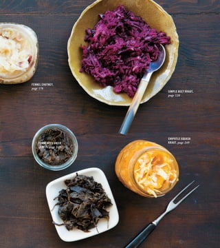 FENNEL CHUTNEY,
page 178
SIMPLE BEET KRAUT,
page 120
CHIPOTLE SQUASH
KRAUT, page 249
FERMENTED SHISO
LEAVES, page 228
 