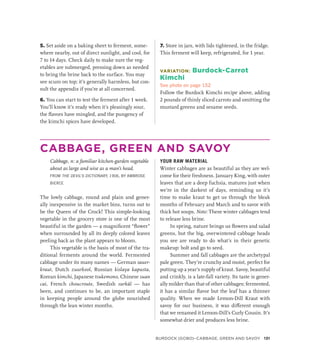 5. Set aside on a baking sheet to ferment, some-
where nearby, out of direct sunlight, and cool, for
7 to 14 days. Check daily to make sure the veg-
etables are submerged, pressing down as needed
to bring the brine back to the surface. You may
see scum on top; it’s generally harmless, but con-
sult the appendix if you’re at all concerned.
6. You can start to test the ferment after 1 week.
You’ll know it’s ready when it’s pleasingly sour,
the flavors have mingled, and the pungency of
the kimchi spices have developed.
7. Store in jars, with lids tightened, in the fridge.
This ferment will keep, refrigerated, for 1 year.
VARIATION: Burdock-Carrot
Kimchi
See photo on page 152
Follow the Burdock Kimchi recipe above, adding
2 pounds of thinly sliced carrots and omitting the
mustard greens and sesame seeds.
CABBAGE, GREEN AND SAVOY
Cabbage, n: a familiar kitchen-garden vegetable
about as large and wise as a man’s head.
FROM THE DEVIL’S DICTIONARY, 1906, BY AMBROSE
BIERCE
The lowly cabbage, round and plain and gener-
ally inexpensive in the market bins, turns out to
be the Queen of the Crock! This simple-looking
vegetable in the grocery store is one of the most
beautiful in the garden — a magnificent “flower”
when surrounded by all its deeply colored leaves
peeling back as the plant appears to bloom.
This vegetable is the basis of most of the tra-
ditional ferments around the world. Fermented
cabbage under its many names — German sauer­
kraut, Dutch zuurkool, Russian kislaya kapusta,
Korean kimchi, Japanese tsukemono, Chinese suan
cai, French choucroute, Swedish surkål — has
been, and continues to be, an important staple
in keeping people around the globe nourished
through the lean winter months.
YOUR RAW MATERIAL
Winter cabbages are as beautiful as they are wel-
come for their freshness. January King, with outer
leaves that are a deep fuchsia, matures just when
we’re in the darkest of days, reminding us it’s
time to make kraut to get us through the bleak
months of February and March and to savor with
thick hot soups. Note: These winter cabbages tend
to release less brine.
In spring, nature brings us flowers and salad
greens, but the big, overwintered cabbage heads
you see are ready to do what’s in their genetic
makeup: bolt and go to seed.
Summer and fall cabbages are the archetypal
pale green. They’re crunchy and moist, perfect for
putting up a year’s supply of kraut. Savoy, beautiful
and crinkly, is a late-fall variety. Its taste is gener-
ally milder than that of other cabbages; fermented,
it has a similar flavor but the leaf has a thinner
quality. When we made Lemon-Dill Kraut with
savoy for our business, it was different enough
that we renamed it Lemon-Dill’s Curly Cousin. It’s
somewhat drier and produces less brine.
Burdock (Gobo)–Cabbage, Green and Savoy 131
 