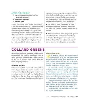 AFTER THE FERMENT
¼ cup roasted peanuts, minced in a food
processor (optional)
2 tablespoons peanut oil
½ teaspoon sugar
1. Place the cilantro, garlic, chiles, and ginger in
a food processor and blend to a paste consistency.
Sprinkle in the salt and add the lemon juice.
Press into a pint jar and top with a quart-sized
ziplock bag. Press the plastic down onto the top
of the ferment, then fill it with water and seal.
2. Set aside on a baking sheet to ferment, some-
where nearby, out of direct sunlight, and cool,
for 4 to 7 days. Check daily to make sure the
vegetables are submerged, pressing if needed to
bring the brine back to the surface. You may see
scum on top; it’s generally harmless, but con-
sult the appendix if you’re at all concerned. The
leaves will become a deep green wilted color.
3. You can start to test the ferment on day 4.
When you taste-test it, the sour is not as obvi-
ous as the salt. Ferment longer if more acidity is
desired.
4. After fermentation, stir in the peanuts, peanut
oil, and sugar. This can be eaten immediately
or stored in the refrigerator for about 1 week.
Without the post-ferment additions, this paste
can be stored in the refrigerator for 6 months.
COLLARD GREENS
Fermented collards are somewhat chewy, though
not so much that they are unpleasant. Just be
aware they don’t soften the way cooked collards
do. We like to ferment these greens with aro-
matic and pungent spices.
YOUR RAW MATERIAL
Collards are available year-round, but in cold cli-
mates they’re best in the winter months, when
they’re sweet and juicy. During the heat of sum-
mer, they tend to be tough and slightly bitter.
Select leaves that are deep green and pliable;
they’ll be more tender than leaves that feel brittle.
Christopher Writes
*
We were on the road with seven hours of
driving ahead of us and the morning was
already blazing at 110°F. When we stopped at a
small farmers’ market at a rest area to get provi-
sions for lunch, the vegetables and flowers were as
wilted as the farmers who grew them.
At one stand, a woman was preparing Eritrean
food. (It’s similar to Ethiopian food, but lighter.) Many
of the meals are based on a spongy fermented teff
flatbread called injera, with spicy sauces and stews
poured over it. On her menu that day was a meal with
three sauces and collard greens as the foundation.
We explained we were traveling. “Oh,” she said,
smiling. “Well, you don’t have to worry about it spoil-
ing in this heat. We don’t have refrigerators in Africa.
The spices will do the work and keep it good.”
Hours later, the food was indeed delicious, per-
fect for that sweltering day.
Cilantro (Coriander)–Collard Greens 163
 