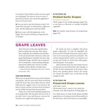 5 to 10 days. Check daily to make sure the scapes
are submerged. You may see scum on top; it’s
generally harmless, but consult the appendix if
you’re at all concerned.
4. You can start to test the ferment on day 5. It’s
ready when the garlic is mild and has a light sour
taste, and the bright green color has faded.
5. Store in jars, with lids tightened, in the
fridge. This ferment will keep, refrigerated, for
12 months.
IN THE PICKLE JAR
Pickled Garlic Scapes
See photo on page 122
Pickle scapes as you would asparagus (page 111),
or use them as a flourish in a medley of pickled
vegetables.
Note: For another scape ferment, see Scape Kraut
(page 135).
GRAPE LEAVES
Most Americans in those days regarded ethnic
food as a leftover from the past, eaten only by
poor, simple folk who should have learned better.
In the eyes of native-born Americans, tolma and
grape leaf picking was shameful, unusual, a sign
of desperate hunger. And there was a strong aver-
sion to eating leaves. Anyone picking wild grape
leaves from roadside vines must be in trouble,
probably no better off than a homeless bum.
— IRINA PETROSIAN, ARMENIAN FOOD: FACT, FICTION
 FOLKLORE, 2006
YOUR RAW MATERIAL
When you use grape leaves to top crocks of krauts
and pickles, they do more than keep everything
under the brine: they also release tannins, which
help keep the veggies crisp. If you preserve the
leaves in early summer, you have them on hand to
use for pickles during winter fermentation.
Those of us with well-established grapevines
are in good shape. We just grab what we need. If
you don’t have a vine and become a serious fer-
mentista, you might end up planting one.
Or maybe you have a neighbor who grows
grapes organically. As with all vegetables, the
leaves are full of beneficial bacteria, and you don’t
want to be consuming chemical pesticides. The
variety of grape doesn’t matter; use whatever you
can get your hands on: leaves from table grapes,
Concord grapes, wine grapes.
Early-summer leaves are more tender, but you
can harvest any time before their color changes, in
the fall. If you’re picking late in the season, select
leaves near growing points; they’re the young-
est. Choose the largest ones, so that they are big
enough to stuff.
IN THE PICKLE JAR
Preserved Grape Leaves
yield: about 1 quart
(fermentation vessel: 1 quart or two 1-pint jars)
technique used: Mastering Brine Pickling (page 77)
Use whole leaves to make Greek dolmas (stuffed
grape leaves), or to top any crock of brine pickles in
the off-season, when fresh leaves are unavailable.
184 GARLIC SCAPES–GRAPE LEAVES
 