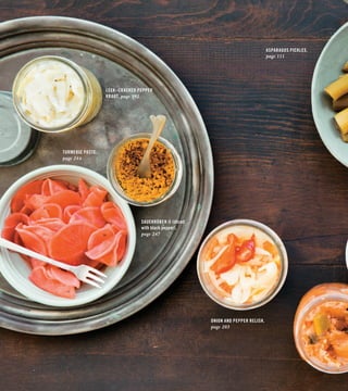 LEEK–CRACKED PEPPER
KRAUT, page 192
TURMERIC PASTE,
page 244
SAUERRÜBEN II (sliced
with black pepper),
page 247
ONION AND PEPPER RELISH,
page 203
ASPARAGUS PICKLES,
page 111
 