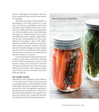 process, which begins with salting, is what pro-
duces enough lactic acid to preserve and enhance
our vegetables.
Remember that sugars are breaking down, or
decomposing as some like to point out, to create
lactic acid. Proteins, carbohydrates, and bacteria
are being created. Without salt this list of vari-
ables has a higher likelihood of causing putrefac-
tion. Salt also inhibits yeasts, which break down
the sugars into alcohol instead of lactic acid. A
mere 0.8 percent salt to vegetable weight will pre-
vent the type of decomposition you don’t want.
Ideally this percentage is kept a little higher;
otherwise you will risk a softer texture. Our stan-
dard is around 1.5 percent, which for a hundred
pounds of shredded cabbage (a mountain heaped
way above the rim of an 80-quart bowl) means a
little more than 2 cups of salt. For comparison, the
salinity of seawater is 3.5 percent.
It is also important to understand that too low
a sodium content doesn’t provide the advantage
for the friendly microorganisms, and you can end
up with a rotting crock; conversely, too much salt
will stop lactic-acid bacteria in their tiny tracks,
inhibiting fermentation. With salting, modera-
tion is the key, and your taste buds are your best
guide (see page 44).
SALT IN BRINE PICKLING
Vegetables for brine pickling are either whole or
cut into larger pieces. These are then immersed
in a prepared salt brine. Unlike shredded or thinly
sliced veggies, these whole vegetables cannot cre-
ate their own brine. The vegetables suspended in
the salt water interact with the brine in the process
of osmosis, which dehydrates the vegetables’ own
cells, such that the water is replaced by salt water;
this begins the lactic-acid fermentation process.
Whole Vegetables in Salt Brine
The Inner Life of Pickling 25
 