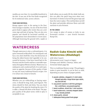 wealthy are over that. It is incredibly beneficial in
the diet. It was one of the first foods recognized
for its medicinal value, across cultures.
YOUR RAW MATERIAL
Ramps appear early in the spring in the East,
from Georgia to Quebec. As one of the first fresh
green foods to appear after winter they are a wel-
come sign and taste of spring. They are also very
popular and should be harvested carefully, as
the populations have diminished in recent years.
Although loosening the ground with a spade or
knife allows you to easily lift the whole bulb out,
this can affect the patch long term when over­
harvested. It’s better to harvest the green tops and
leave the roots in place. This method does not kill
the plant and provides delicious flavor and wild
nutrients in your ferment.
IN THE CROCK
Use ramps in place of onions or leeks in any
fermented creation — your kimchi becomes
Ramp-Chi.
WATERCRESS
Though watercress is also a cultivated green, it is
quite commonly wildcrafted. It is semiaquatic and
has a very short shelf life. It has the distinction of
being the oldest known leaf vegetable to be con-
sumed by humans. It has been traced back to the
Persians and the Greeks and has a venerable repu-
tation throughout Western history. Watercress is a
salad green and a medicinal herb. It is said to pro-
mote an appetite; because of this quality it finds
its way into many traditional kimchi recipes. Use
it to infuse into a kraut or kimchi.
YOUR RAW MATERIAL
Whether you are wildcrafting or buying water-
cress, it should be long, leafy, and fragrant. The
stems should be thick and shiny. You can check
the quality of the plant by breaking the stem; if it
is older, a thread will show at the break. The pep-
pery quality of the plant varies; mild or spicy is
acceptable to use.
Radish Cube Kimchi with
Watercress (Kkakdugi)
yield: about 2 quarts
(fermentation vessel: 2 quarts or larger)
technique used: Relishes, Chutneys, Salsas, and
Fermented Salads (page 66)
This is a traditional Korean recipe. The gochugaru
makes it quite beautiful. It can be fiery or mild,
depending on your choice of pepper powder.
3 pounds radishes, chopped in ½-inch cubes
(though typically a large Asian-type radish,
any kind will do)
½ cup ground cayenne or salt-free gochugaru
(for a mild flavor, use ground paprika)
1 bunch scallions, sliced into 1-inch sections
1 bunch watercress, coarsely chopped (about
1 cup, loosely packed)
2–3 cloves garlic, minced
1 tablespoon finely grated fresh ginger
Ramps–Watercress 265
 