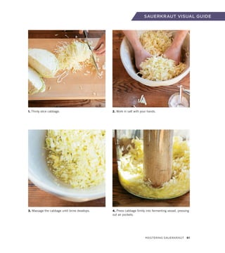 1. Thinly slice cabbage.
3. Massage the cabbage until brine develops.
2. Work in salt with your hands.
4. Press cabbage firmly into fermenting vessel, pressing
out air pockets.
SAUERKRAUT VISUAL GUIDE
Mastering Sauerkraut 61
 