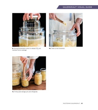 10. Taste to test doneness.
9. During fermentation press to release CO2 and
maintain brine coverage.
SAUERKRAUT VISUAL GUIDE
11. Firmly pack storage jars and refrigerate.
Mastering Sauerkraut 63
 