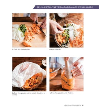 RELISHES/CHUTNEYS/SALSAS/SALADS VISUAL GUIDE
2. Work in the salt.
1. Thinly slice the vegetables.
3. Cover the vegetables and set aside to allow brine to
develop.
4. Press the vegetables under the brine.
Mastering Condiments 67
 