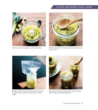 1. Chop or pulse the veggies to a fine consistency.
3. Place a ziplock bag on the surface of the ferment,
and fill the bag to the jar rim with water to create
weight.
2. Press the paste to remove air pockets and bring brine
to the surface.
4. Ready for long-term storage, with a piece of waxed
paper in place to impede evaporation.
PASTES AND BASES VISUAL GUIDE
Mastering Condiments 71
 