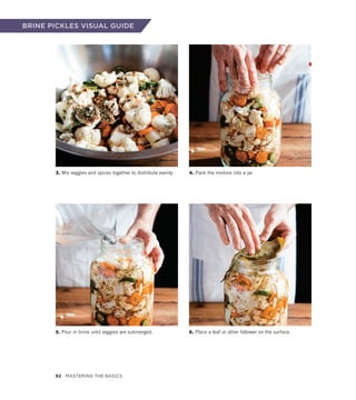 BRINE PICKLES VISUAL GUIDE
5. Pour in brine until veggies are submerged.
3. Mix veggies and spices together to distribute evenly. 4. Pack the mixture into a jar.
6. Place a leaf or other follower on the surface.
82 Mastering the Basics
 