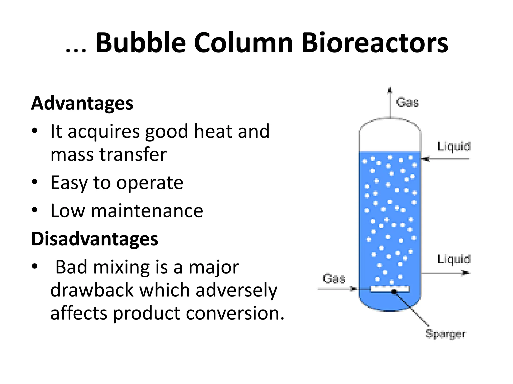 ... Bubble Column Bioreactors
Advantages
• It acquires good heat and
mass transfer
• Easy to operate
• Low maintenance
Disadvantages
• Bad mixing is a major
drawback which adversely
affects product conversion.
 