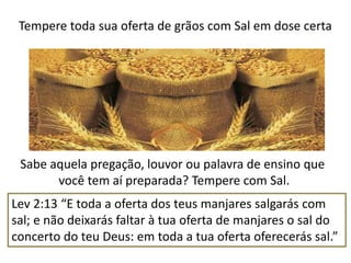 Tempere toda sua oferta de grãos com Sal em dose certa
Sabe aquela pregação, louvor ou palavra de ensino que
você tem aí preparada? Tempere com Sal.
Lev 2:13 “E toda a oferta dos teus manjares salgarás com
sal; e não deixarás faltar à tua oferta de manjares o sal do
concerto do teu Deus: em toda a tua oferta oferecerás sal.”
 
