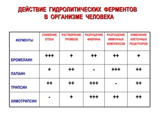 ДЕЙСТВИЕ  ГИДРОЛИТИЧЕСКИХ  ФЕРМЕНТОВ  В  ОРГАНИЗМЕ  ЧЕЛОВЕКА ++ ++ +++ + - ХИМОТРИПСИН ++ - +++ ++ ++ ТРИПСИН ++ +++ - ++ + ПАПАИН + ++ ++ + +++ БРОМЕЛАИН ИЗМЕНЕНИЕ КЛЕТОЧНЫХ РЕЦЕПТОРОВ РАЗРУШЕНИЕ ИММУННЫХ КОМПЛЕКСОВ РАЗРУШЕНИЕ ФИБРИНА РАСТВОРЕНИЕ ТРОМБОВ СНИЖЕНИЕ ОТЕКА ФЕРМЕНТЫ 