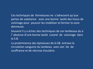Ces techniques de  fermetures ne  s’adressent qu’aux pertes de substance  avec une bonne  laxité des tissus de voisinage pour  pouvoir les mobiliser et fermer la zone donneuse. Souvent il y a échec des techniques de ces lambeaux du à l’ absence d’une bonne laxité  cutané  de  voisinage  dans la S.B. La proéminence des épineuses de la SB  entrave la circulation sanguine du lambeau  avec son  lot  de souffrance et de nécrose tissulaire. 