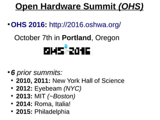 Open Hardware Summit (OHS)
●
OHS 2016: http://2016.oshwa.org/
October 7th in Portland, Oregon
●
6 prior summits:
●
2010, 2011: New York Hall of Science
●
2012: Eyebeam (NYC)
●
2013: MIT (~Boston)
●
2014: Roma, Italia!
●
2015: Philadelphia
 