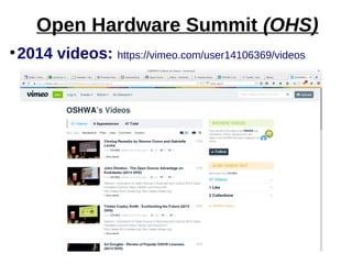 ●
2014 videos: https://vimeo.com/user14106369/videos
Open Hardware Summit (OHS)
 