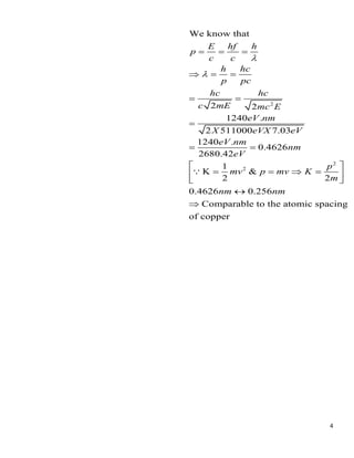 4
2
2
2
We know that
2 2
1240 .
2 511000 7.03
1240 .
0.4626
2680.42
1
K &
2 2
0.4626 0.256
Comparable to the atomic spacing
of copper
E hf h
p
c c
h hc
p pc
hc hc
c mE mc E
eV nm
X eVX eV
eV nm
nm
eV
p
mv p mv K
m
nm nm
= = =
= =
= =
=
= =
= = =

