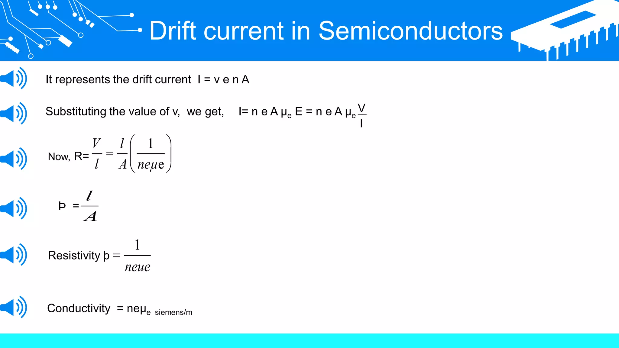 Drift current in Semiconductors
It represents the drift current I = v e n A
Substituting the value of v, we get, I= n e A µe E = n e A µe
V
l
Now, R=
1
e
V l
l A neµ
 
  
 
Þ =
l
A
Resistivity þ
1
neue

Conductivity = neµe siemens/m
 