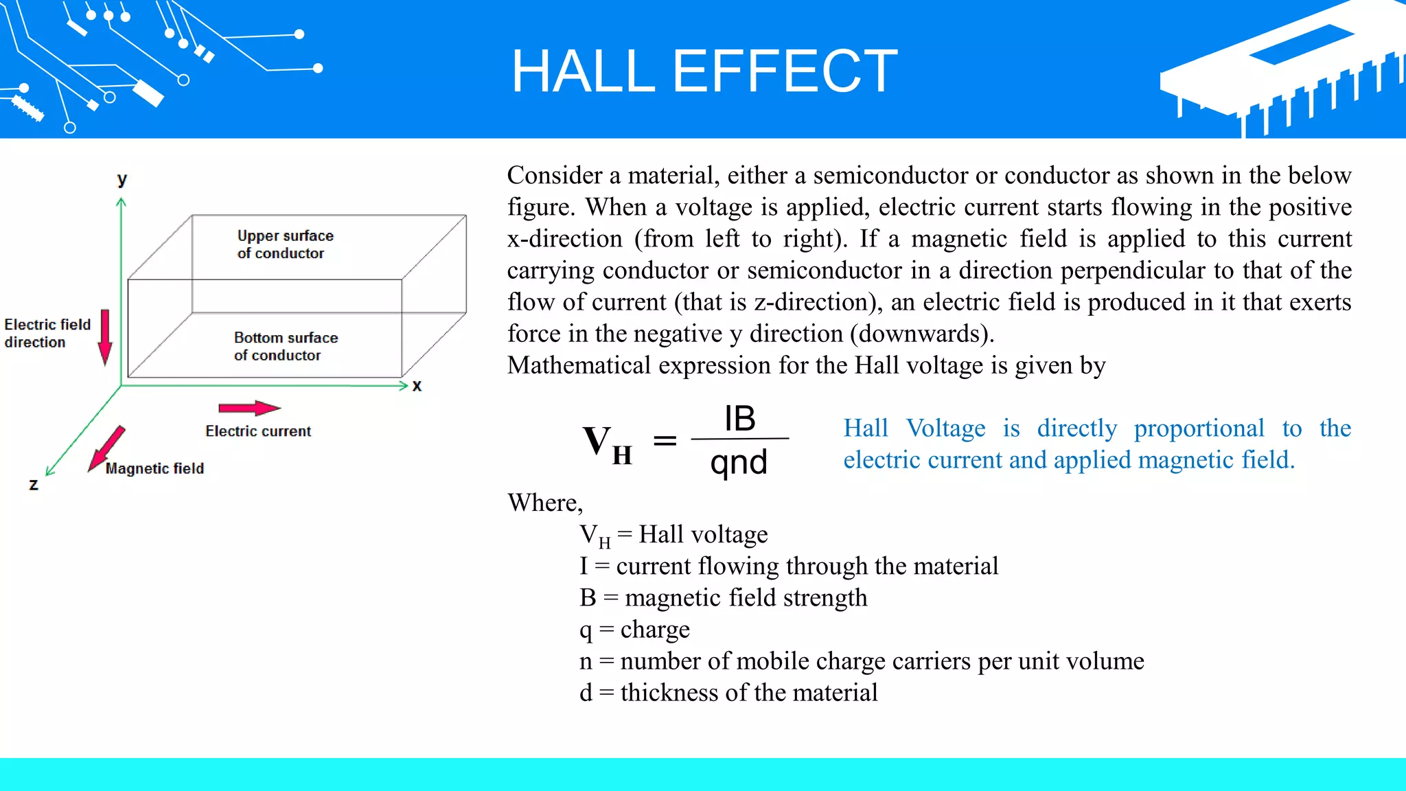 HALL EFFECT
Consider a material, either a semiconductor or conductor as shown in the below
figure. When a voltage is applied, electric current starts flowing in the positive
x-direction (from left to right). If a magnetic field is applied to this current
carrying conductor or semiconductor in a direction perpendicular to that of the
flow of current (that is z-direction), an electric field is produced in it that exerts
force in the negative y direction (downwards).
Mathematical expression for the Hall voltage is given by
VH =
IB
qnd
Where,
VH = Hall voltage
I = current flowing through the material
B = magnetic field strength
q = charge
n = number of mobile charge carriers per unit volume
d = thickness of the material
Hall Voltage is directly proportional to the
electric current and applied magnetic field.
 