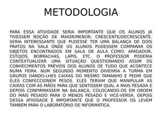 METODOLOGIA
PARA ESSA ATIVIDADE SERIA IMPORTANTE QUE OS ALUNOS JÁ
TIVESSEM NOÇÃO DE MAIOR/MENOR, CRESCENTE/DECRESCENTE.
SERIA INTERESSANTE QUE PUDESSE TER UMA BALANÇA DE DOIS
PRATOS NA SALA ONDE OS ALUNOS PUDESSEM COMPARAR OS
OBJETOS ENCONTRADOS EM SALA DE AULA COMO: APAGADOR,
ESTOJOS, BORRACHAS, LÁPIS, ETC. O PROFESSOR PODERIA
CONTEXTUALIZAR UMA SITUAÇÃO QUESTIONANDO ASSIM OS
CONHECIMENTOS PRÉVIOS DOS ALUNOS DE TUDO QUE ACONTECE
NUMA FEIRA. NUM SEGUNDO MOMENTO DIVIDIRIA A TURMA EM
GRUPOS DANDO-LHES CAIXAS DO MESMO TAMANHO E PEDIR QUE
ELES CONFECCIONEM PESOS. ELES TERIAM QUE MANIPULAR AS
CAIXAS COM AS MÃOS PARA QUE SENTISSEM QUAL A MAIS PESADA E
DEPOIS CONFIRMASSEM NA BALANÇA, COLOCANDO-OS EM ORDEM
DO MAIS PESADO PARA O MENOS PESADO E VICE-VERSA. DEPOIS
DESSA ATIVIDADE É IMPORTANTE QUE O PROFESSOR OS LEVEM
TAMBÉM PARA O LABORATÓRIO DE INFORMÁTICA.
 