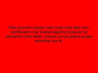Eles queriam passar pelo mato mas eles nem conheciam e se tivesse alguma coisa por lá pensaram dois deles, porque um já estava quase entrando por lá. 