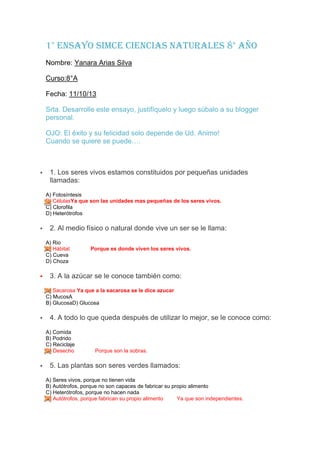 1° Ensayo Simce Ciencias Naturales 8° año
Nombre: Yanara Arias Silva
Curso:8°A
Fecha: 11/10/13
Srta. Desarrolle este ensayo, justifíquelo y luego súbalo a su blogger
personal.
OJO: El éxito y su felicidad solo depende de Ud. Animo!
Cuando se quiere se puede….



1. Los seres vivos estamos constituidos por pequeñas unidades
llamadas:
A) Fotosíntesis
B) CélulasYa que son las unidades mas pequeñas de los seres vivos.
C) Clorofila
D) Heterótrofos



2. Al medio físico o natural donde vive un ser se le llama:
A) Rio
B) Hábitat
C) Cueva
D) Choza



Porque es donde viven los seres vivos.

3. A la azúcar se le conoce también como:
A) Sacarosa Ya que a la sacarosa se le dice azucar
C) MucosA
B) GlucosaD) Glucosa



4. A todo lo que queda después de utilizar lo mejor, se le conoce como:
A) Comida
B) Podrido
C) Reciclaje
D) Desecho



Porque son la sobras.

5. Las plantas son seres verdes llamados:
A) Seres vivos, porque no tienen vida
B) Autótrofos, porque no son capaces de fabricar su propio alimento
C) Heterótrofos, porque no hacen nada
D) Autótrofos, porque fabrican su propio alimento
Ya que son independientes.

 