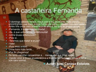 A castañeira Fernanda
 O domingo pasado fomos, meus pais e eu, ao monte. Polo camiño
encontramos coa nosa amiga Fernanda, pero… ¡estaba moi cambiada!.
Antes tiña unha cara diferente á de ahora, asi que lle preguntamos:
 -Fernanda, ti estás moi cambiada!
 -Xa, é que unha bruxa, enfeitizoume!
 -Unha bruxa enfeitizoute?
 -Pois sí.
 -Teremos que matar á bruxa?
 -Vale!
 -Pois imos entón!
 Unha hora máis tarde…
 -Por fin chegamos!
 De tanto camiñar cansaronse e… menos mal que tiñan auga.
 Cando viron á bruxa envelenárona e finalmente Fernanda volveu a ter a
súa cara normal.
 Autor: Xoel Canosa Estalote.
 