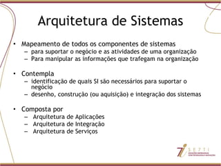 Arquitetura de Sistemas Mapeamento de todos os componentes de sistemas para suportar o negócio e as atividades de uma organização Para manipular as informações que trafegam na organização Contempla identificação de quais SI são necessários para suportar o negócio  desenho, construção (ou aquisição) e integração dos sistemas Composta por Arquitetura de Aplicações Arquitetura de Integração Arquitetura de Serviços Arquitetura de Sistemas 