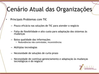 Cenário Atual das Organizações Principais Problemas com TIC Pouca eficácia nas soluções de TIC para atender o negócio Falta de flexibilidade e alto custo para adaptação dos sistemas às mudanças Baixa qualidade das informações Redundâncias não controladas, inconsistências Múltiplas tecnologias Necessidade de soluções de curto prazo Necessidade de contínuo gerenciamento e adaptação às mudanças tecnológicas e do negócio 