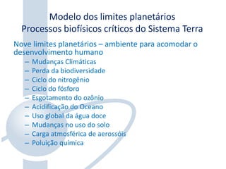 Modelo dos limites planetários
Processos biofísicos críticos do Sistema Terra
Nove limites planetários – ambiente para acomodar o
desenvolvimento humano
– Mudanças Climáticas
– Perda da biodiversidade
– Ciclo do nitrogênio
– Ciclo do fósforo
– Esgotamento do ozônio
– Acidificação do Oceano
– Uso global da água doce
– Mudanças no uso do solo
– Carga atmosférica de aerossóis
– Poluição química
 