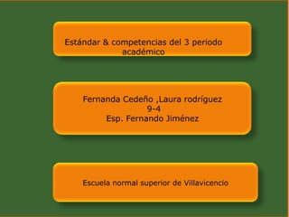 Estándar & competencias del 3 periodo
             académico




    Fernanda Cedeño ,Laura rodríguez
                   9-4
         Esp. Fernando Jiménez




    Escuela normal superior de Villavicencio
 
