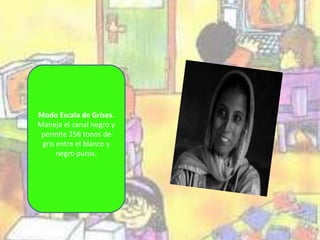 Modo Escala de Grises. 
Maneja el canal negro y 
permite 256 tonos de 
gris entre el blanco y 
negro puros. 
 