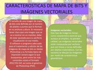 CARACTEROSTICAS DE MAPA DE BITS Y 
IMÁGENES VECTORIALES 
El tamaño de una imagen de mapa 
de bits está definida por el número 
de píxeles o puntos que lo forman 
en su anchura y altura. Es necesario 
tener claro que una imagen que se 
va a mostrar en un monitor, debe 
de estar ajustada para su perfecta 
visualización en ese medio. 
El software o programa adecuado 
para el tratamiento y edición de las 
imágenes de mapa de bits es Adobe 
Photoshop y su formato típico de 
impresión variará según lo que 
busquemos, pero entre los más 
conocidos estara el formato 
JPEG,TIFó GIF, así como el genérico 
de Photoshop (PSD). 
Imágenes vectoriales: 
Este tipo de imágenes tienen 
como característica esencial que, 
aunque se amplíen, no pierden 
calidad. Las imágenes vectoriales 
están compuestas por vectores 
que son líneas y curvas definidas 
por objetos matemáticos. Con los 
vectores se dibujan las imágenes 
por medio de características 
geométricas. 
 