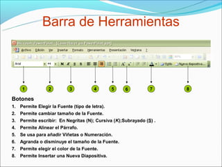 Barra de Herramientas



    1            2         3          4        5   6          7     8

Botones
1. Permite Elegir la Fuente (tipo de letra).
2. Permite cambiar tamaño de la Fuente.
3. Permite escribir: En Negritas (N); Cursiva (K);Subrayado (S) .
4. Permite Alinear el Párrafo.
5. Se usa para añadir Viñetas o Numeración.
6. Agranda o disminuye el tamaño de la Fuente.
7. Permite elegir el color de la Fuente.
8. Permite Insertar una Nueva Diapositiva.
 