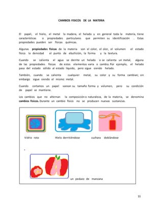 11 
CAMBIOS FISICOS DE LA MATERIA 
El papel, el hielo, el metal la madera, el helado y en general toda la materia, tiene 
características o propiedades particulares que permiten su identificación . Estas 
propiedades pueden ser físicas químicas. 
Algunas propiedades físicas de la materia son el color, el olor, el volumen el estado 
físico la densidad el punto de ebullición, la forma y la textura. 
Cuando se calienta el agua se derrite un helado o se calienta un metal, alguna 
de las propiedades físicas de estos elementos varia o cambia. Por ejemplo, el helado 
pasa del estado sólido al estado líquido, pero sigue siendo helado. 
También, cuando se calienta cualquier metal, su color y su forma cambian; sin 
embargo sigue siendo el mismo metal. 
Cuando cortamos un papel varean su tamaño forma y volumen, pero su condición 
de papel se mantiene. 
Los cambios que no alternan la composición o naturaleza, de la materia, se denomina 
cambios físicos. Durante un cambio físico no se producen nuevas sustancias. 
Vidrio roto Hielo derritiéndose cuchara doblándose 
un pedazo de manzana 
 