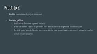 Produto 2
- Gatilho: publicidade dentro do instagram.
- Possiveis gatilhos:
- Publicidade dentro de jogos de corrida;
- Envio de brindes através de parcerias com revistas voltadas ao público automobilístico;
- Permitir que o usuário favorite seus carros no site para quando eles estiverem em promoção receber
e-mails ou sms avisando.
 